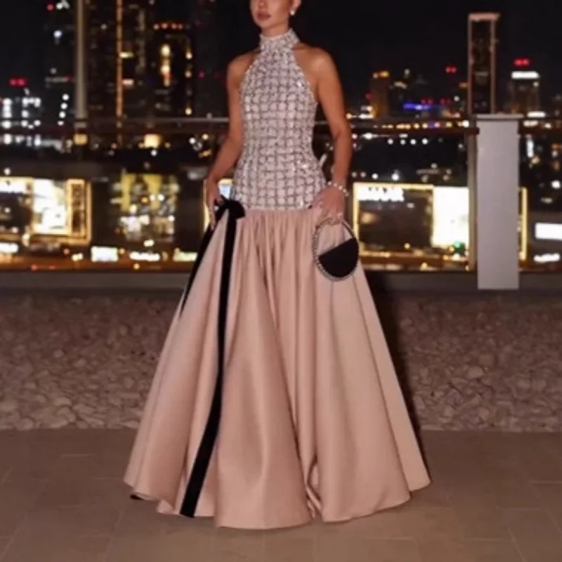 

Сексуальное вечернее платье с открытой спиной и блестками в стиле пэчворк, дизайн с подвесным вырезом для женщин, элегантное длинное платье для особых случаев