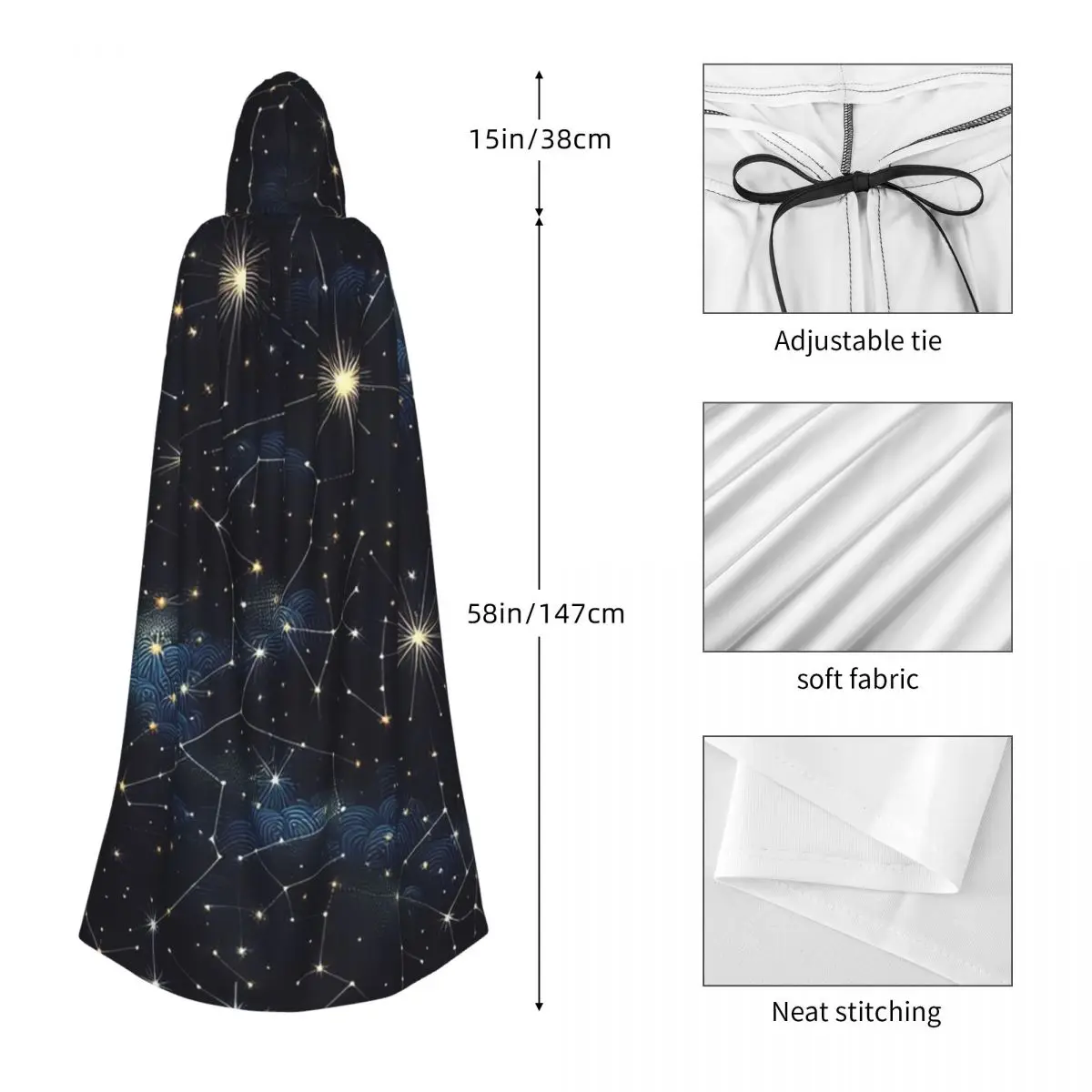 Night Sky Golden Celestial Stars Zodiac Constellations Long Hooded Cloak Witch Costume Cosplay Cape HalloweenParty Adult Unisex