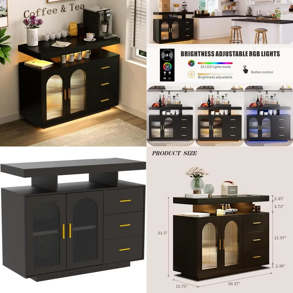 

Wooden Coffee Bar Cabinet with RGB LED Lighting and Storage Shelves for Kitchen and Dining Area