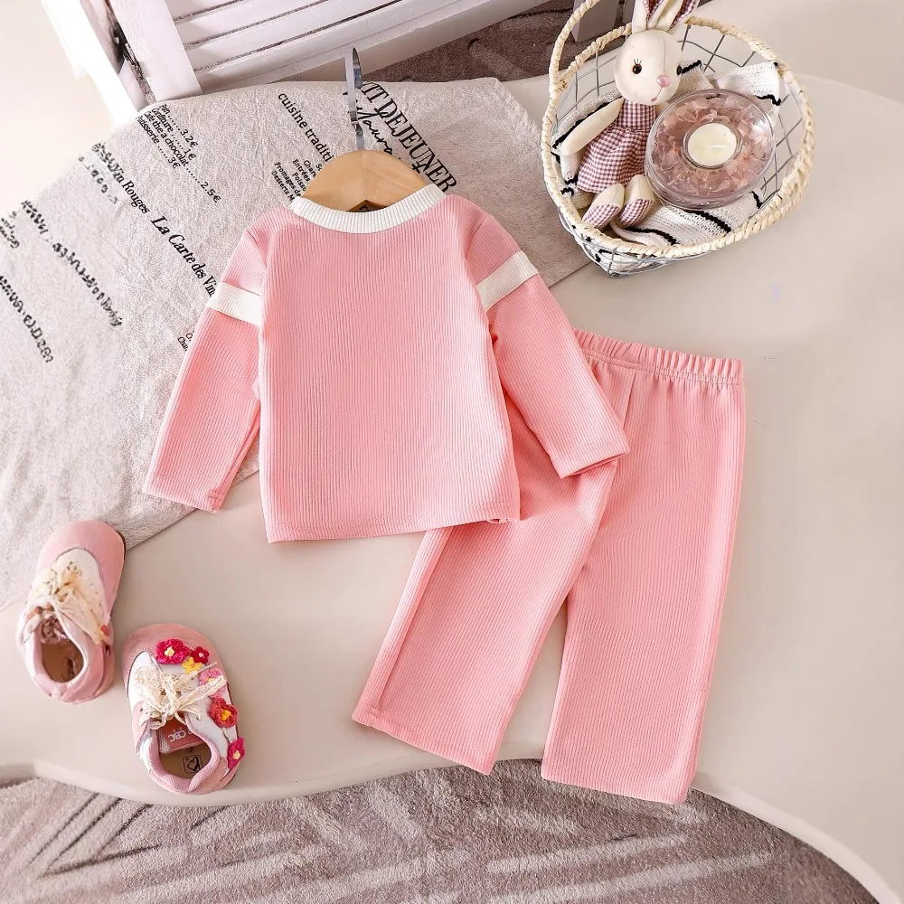 2026 New Spring Fall Baby Girl Sweet Bow Ribbed Outfit Long Sleeve Top Pants 2Pcs Toddler Set for 6M-3Y