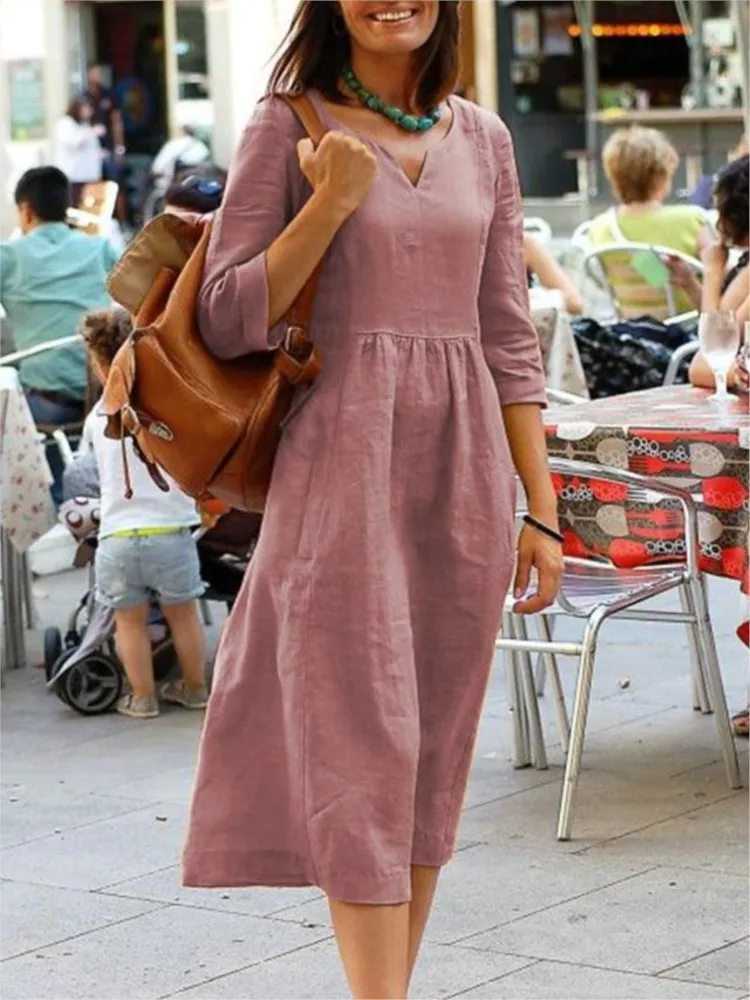 

Women's Autumn New Style Solid Color Dresses 2025 New Sexy V-neck Five Quarter Sleeve Mid Sleeve Casual Loose Comfortable Dress