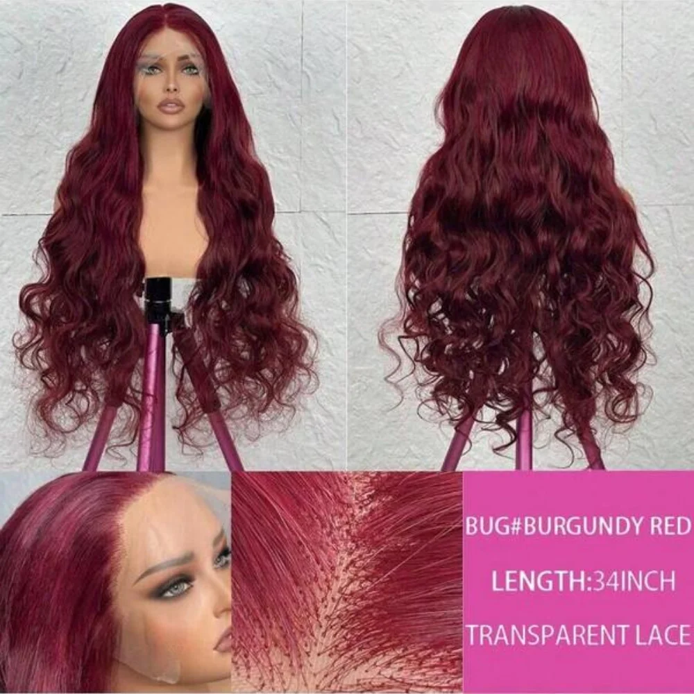 200% الكثافة 99j بورجوندي اللون الأحمر الجسم موجة الشعر البشري المخلوط 13X4 الدانتيل الباروكات الأمامية للنساء قبل قطعها منطقة كبيرة
