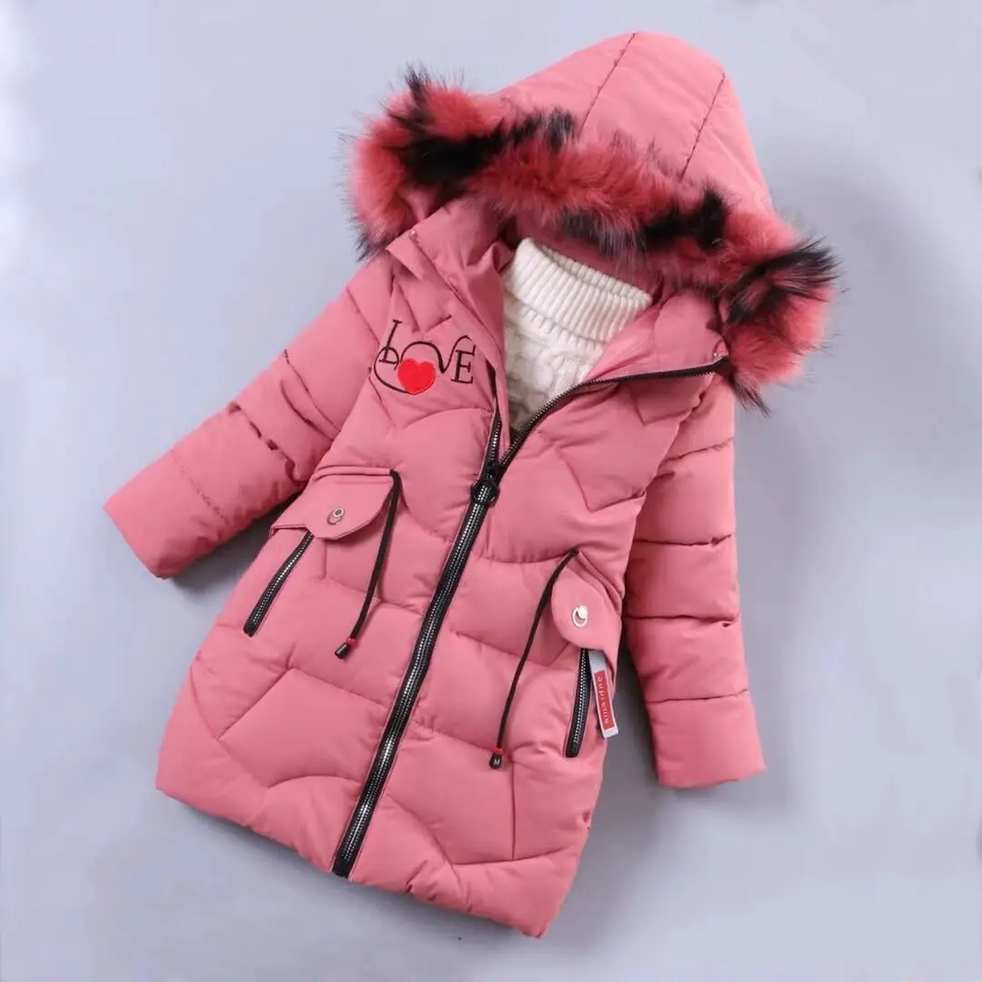 3-12 Years Old Thick Keep Warm Winter Girls Jacket Fur Collar Heart Pattern Padded Detachable hat Hooded Heavy Coat For Children