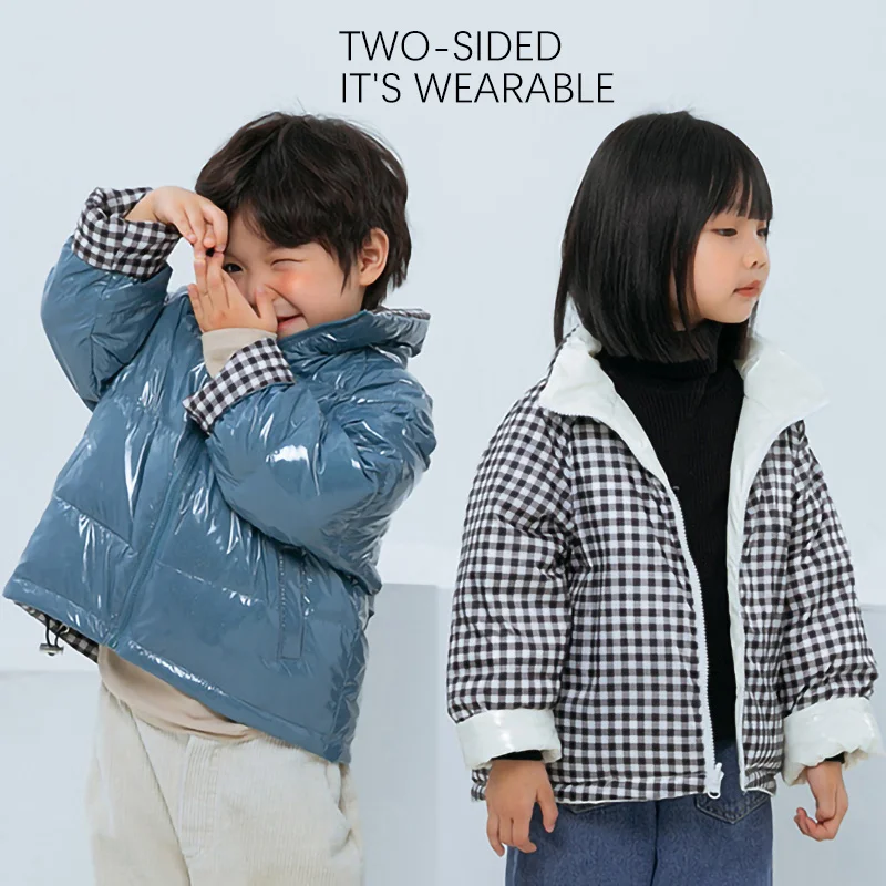 Jacket Children's New Zipper Two-sided Turtleneck Bright Plaid White Duck Down Jacket for Girls Fashion Boys and Girls Down Coat