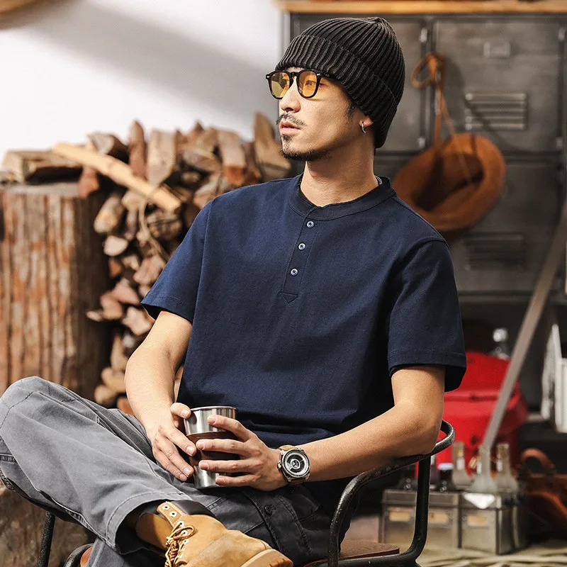 Vintage Men's Short Sleeve Henley Shirt 100% Cotton Heavyweight 250gsm Summer Casual Loose Fit Tee Relaxed Beach Solid Color Top