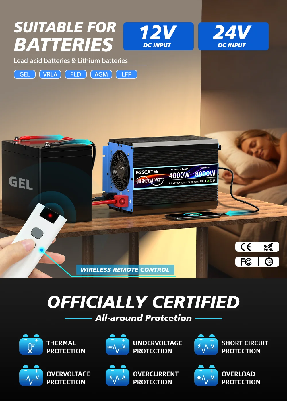 Wechselrichter, reine Sinuswelle, DC 12 V/24 V zu AC 230 V, Transforme-Konverter, Solar-Wechselrichter mit LCD-Display, USB, Fernbedienung – Detail 4