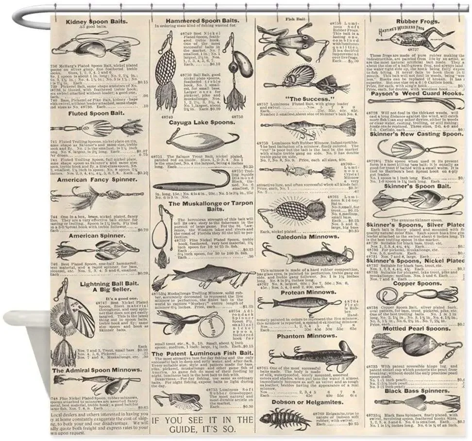 Fishing Lures Vintage Antique Newsprint Decorative Shower Curtain