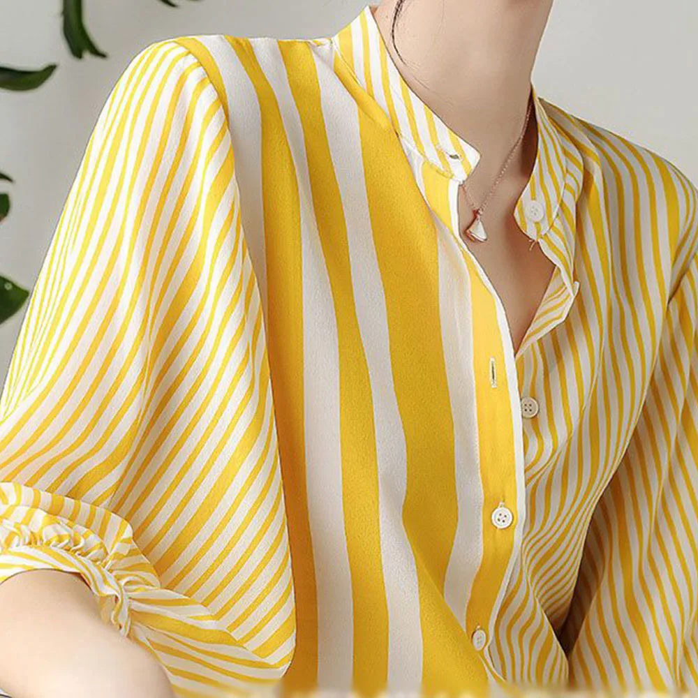 

Casual Retro Striped Three-quarter Sleeve Chiffon Shirt Summer New Western Style Loose Temperament Top Fashion Clothes for Women