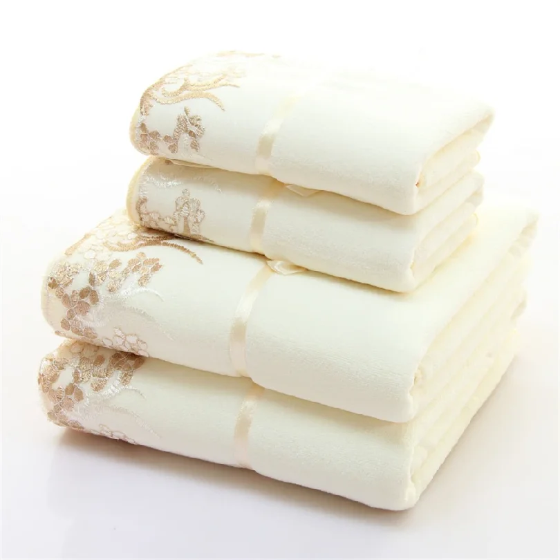 4pcs/set Solid Microfiber Embroidered Towel Set Quick Dry Bath Towel 140x70cm (2pcs) Face Towel 75x35cm (2pcs) for Bathroom