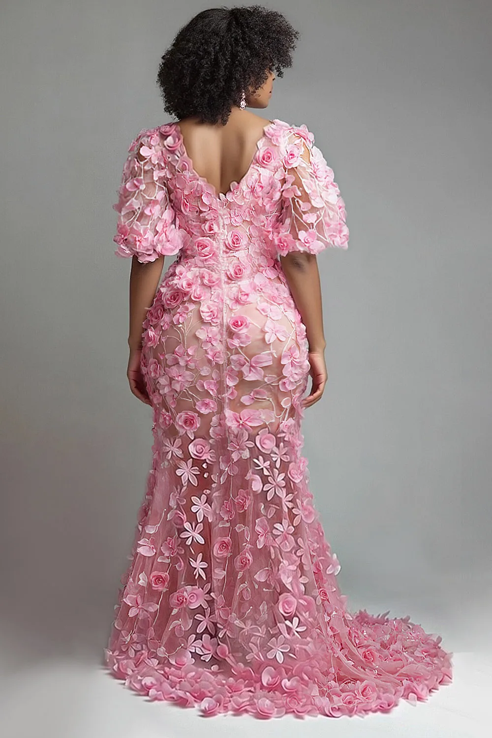 بالإضافة إلى حجم الوردي الرسمي الخامس الرقبة قصيرة الأكمام 3D فساتين ماكسي حورية البحر أنيقة #5