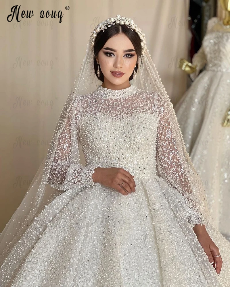 Luxury 2023 Wedding Dress Muslim Turtleneck Full Beaded Pearls Bridal Gowns Custom Made Plus Size Vestido De Casamento Dubai 202