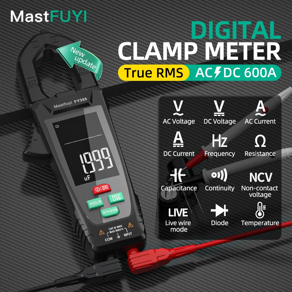 

MASTFUYI 10000 Counts DC AC Current Clamp Meter Digital Multimeter 600A Amperimetric Clamp NCV capacitance Electrician Tool