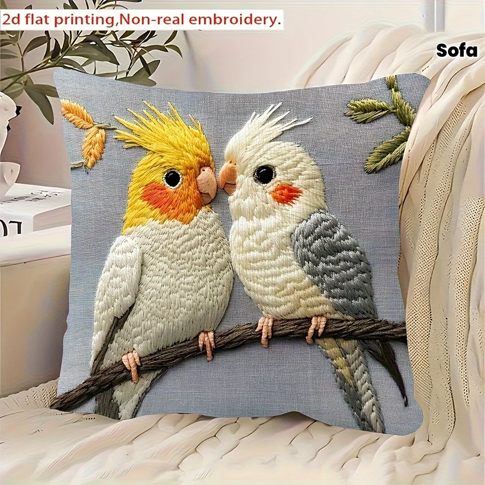 2D flat- Romantic Couple Cockatiel Birds Throw Pillow Cover Cute Farmhouse Home Sofa Decor Cushion Case