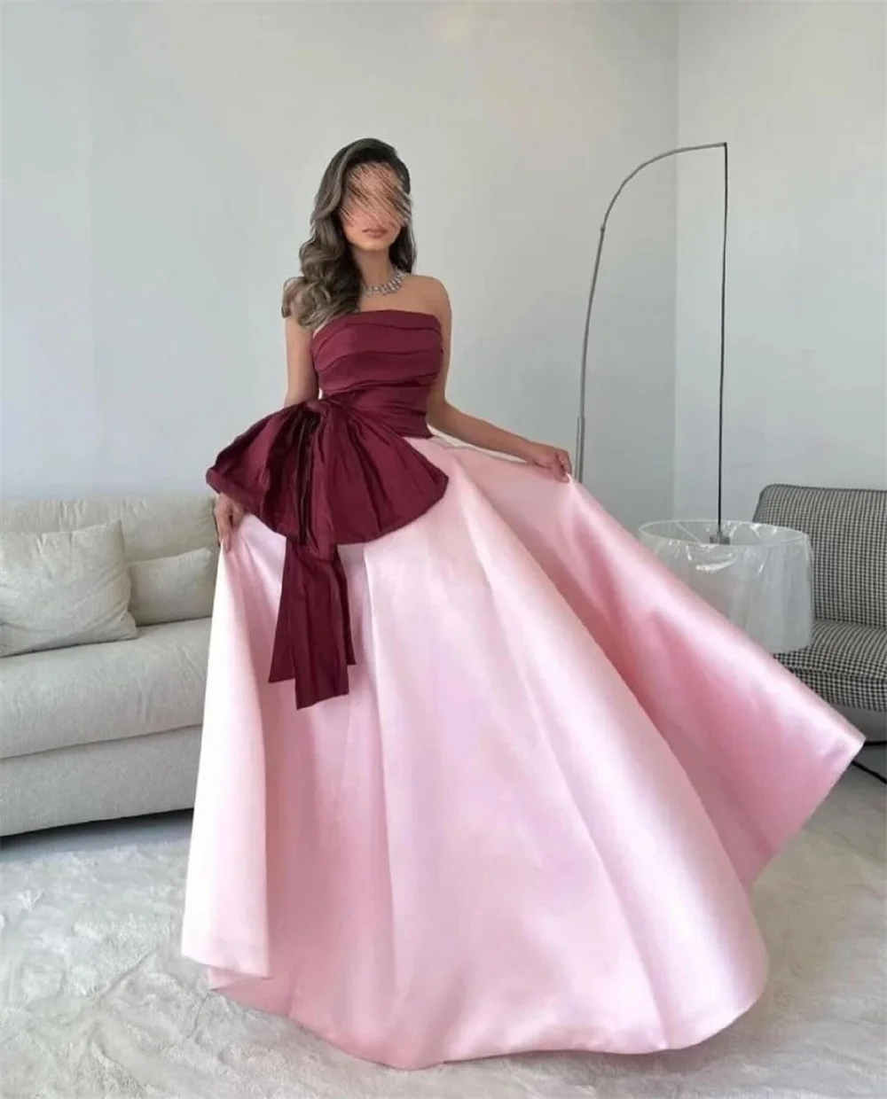 Amanda Satin A-line Strapless Ruffle Arab Prom Gown Bow Floor Length Saudi Evening Formal Elegant Party Dress for Women 2024