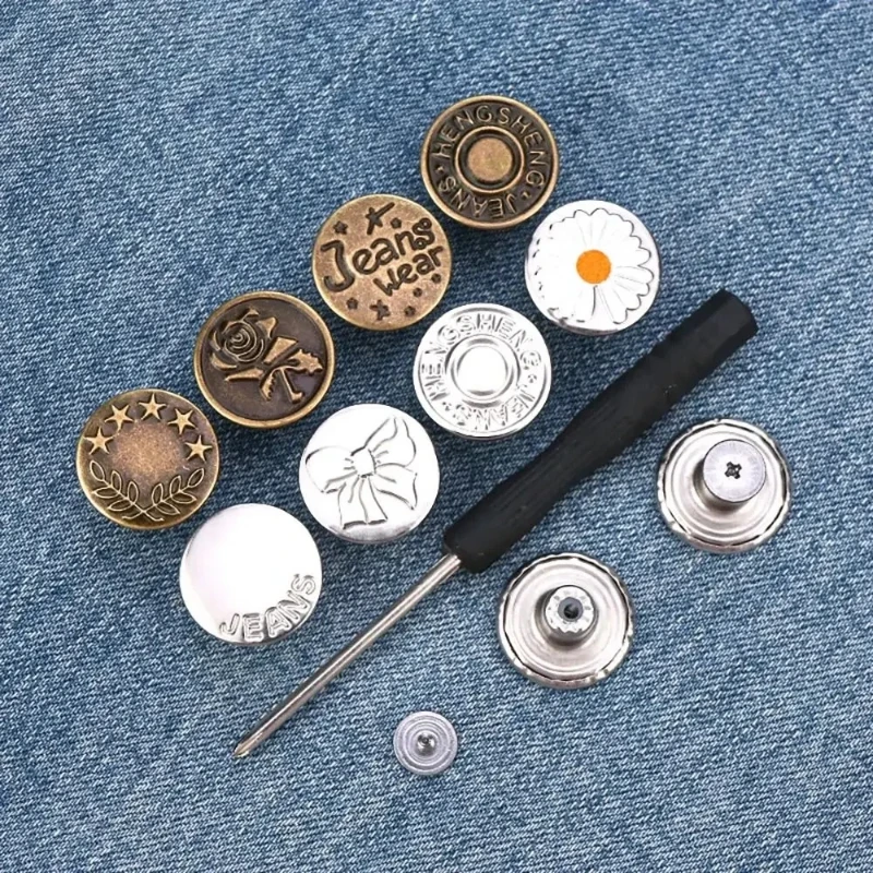 10Pcs 17mm Adjustable Nail-Free Jeans Waist Extender Buttons Detachable Buckles