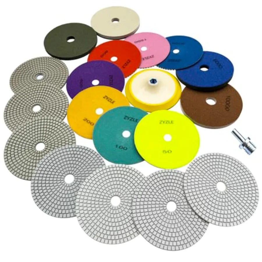 

Diamond Polishing Pads, 11 PCS Wet/Dry Polishg Kit 50-10000 Grit, with 5/8"-11 Backer Pad for Granite Marble Concrete Tile Ston