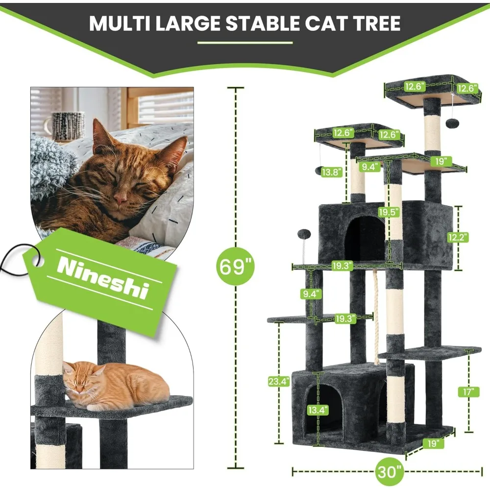 Menara Pohon Kucing Besar 69 Inci untuk Kucing Dalam Ruangan dengan Bola Gantung Mewah Lembut, Dua Kondominium, Tiang Goresan Sisal & Permainan Tali untuk Anak Kucing/Adu