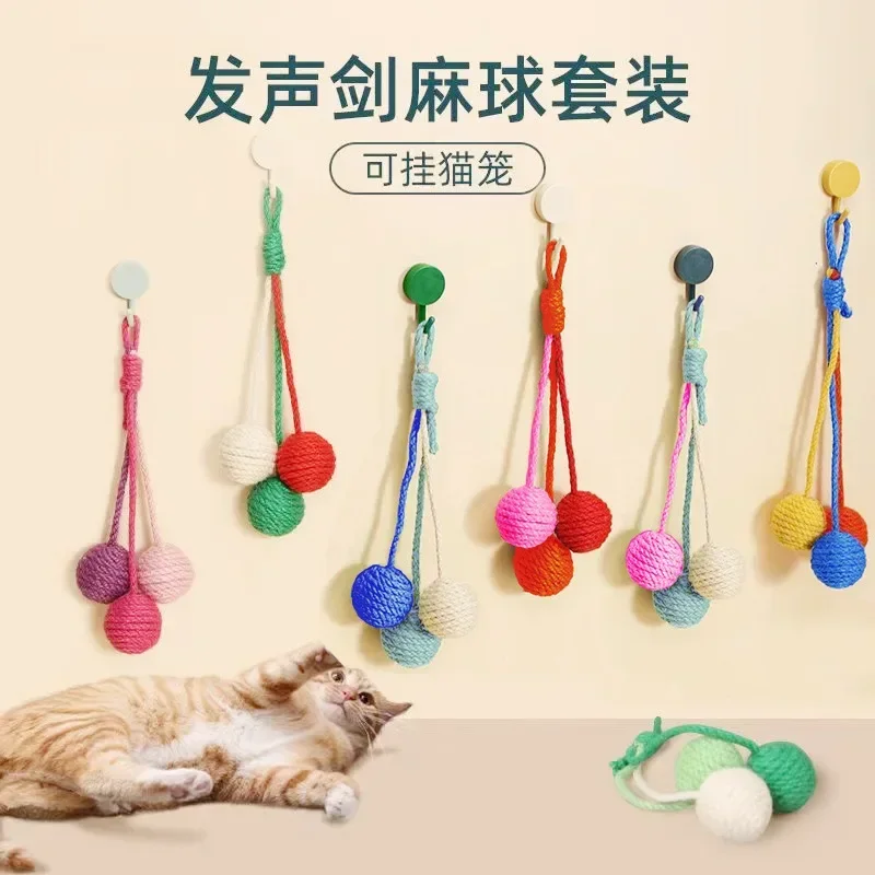 Cat Toys Self-amusement Sisal Ball Can Be Suspended Vocal Cat Teasing Magic Bite Teeth Grinding Interactive Toys Ball