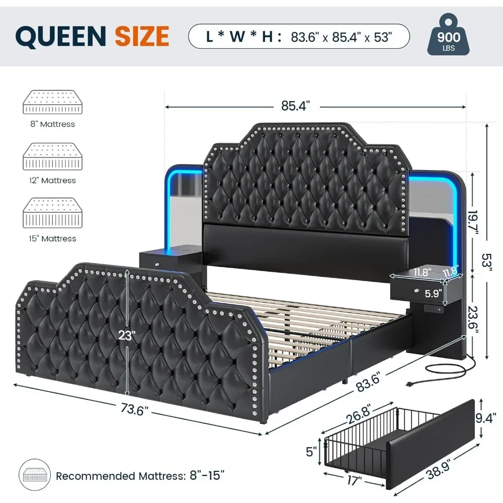 Queen Bed Frame, with 4 Storage Drawers,with Headboard, Built in Charging Station & LED, PU Leather Upholstered Queen Bed Frame