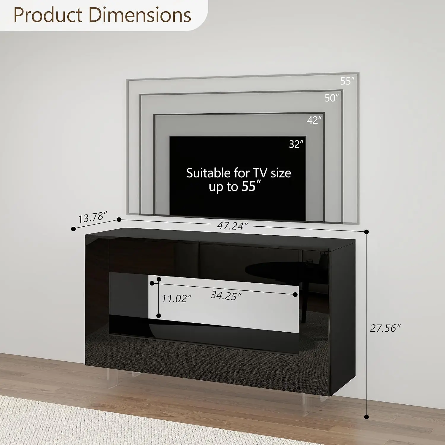 55-Inch High Gloss Black TV Stand, Modern Entertainment Center with 2 Drawers, Hidden Storage Cabinets, Glossy Media Console