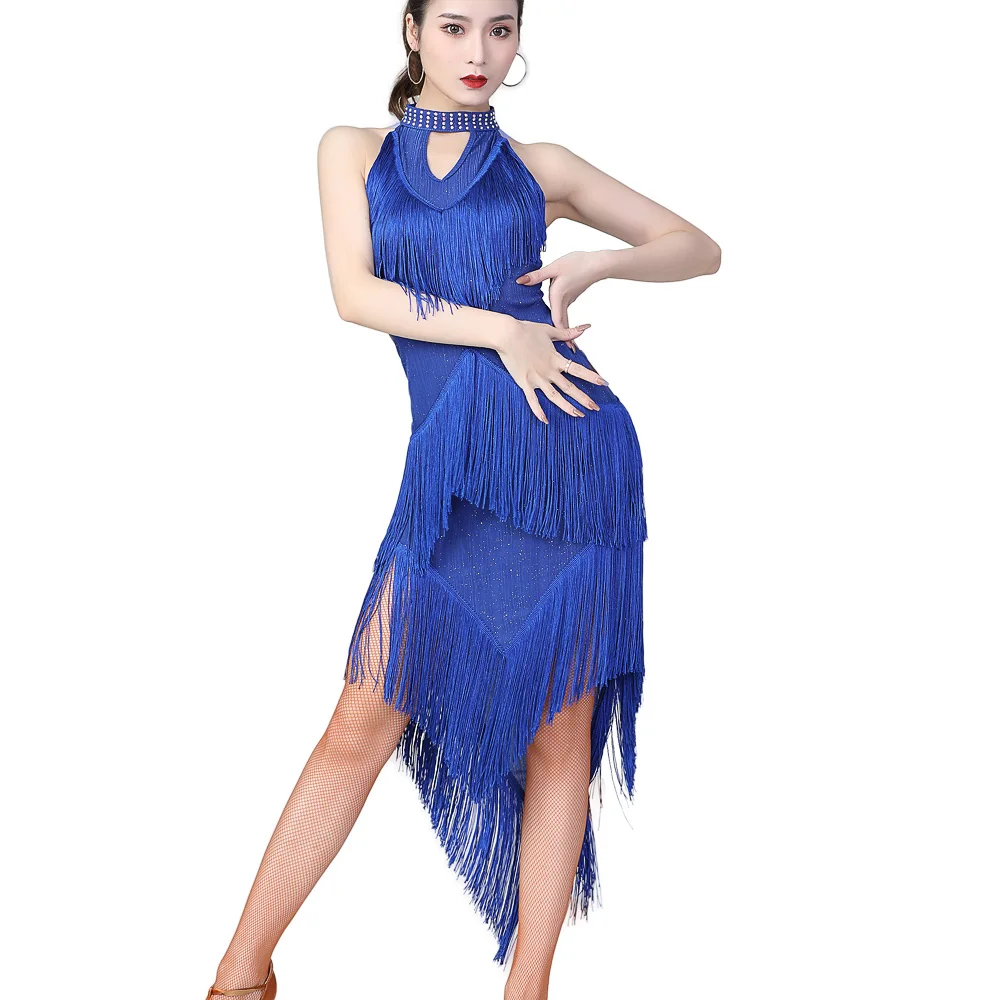 Lady Halter Off Shoulder Dress Fringe Bodycon Dress Women Latin Dance Performance Dress Dancewear Shiny Party Dress