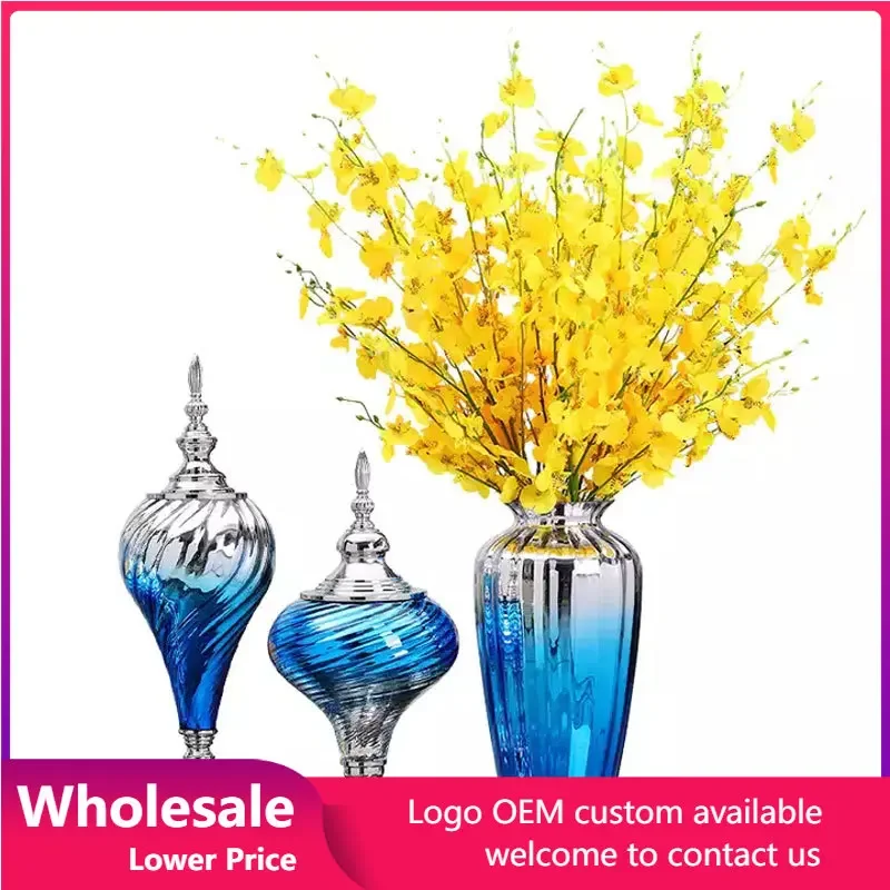 Modern Creative Gradient Blue Glass Vase Furnishing Decoration Home Art Storage Flower Vase Desktop Fake FlowerPot Figurines