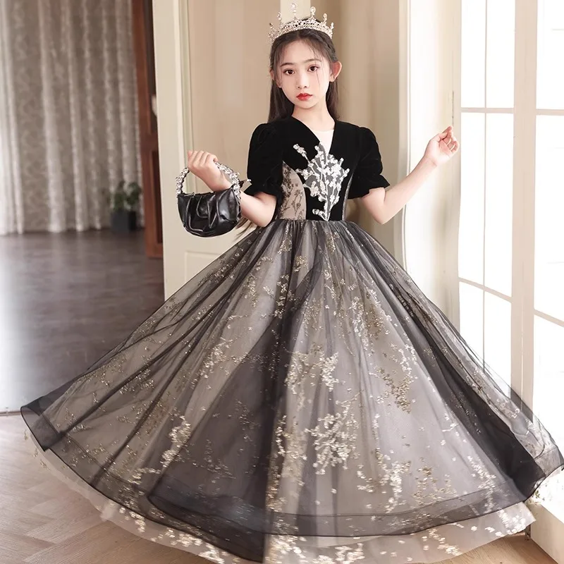 Black Evening Dress Girls Light Luxury Niche High Sense Stage Catwalk Fluffy Princess Dress Piano Performance Clothes