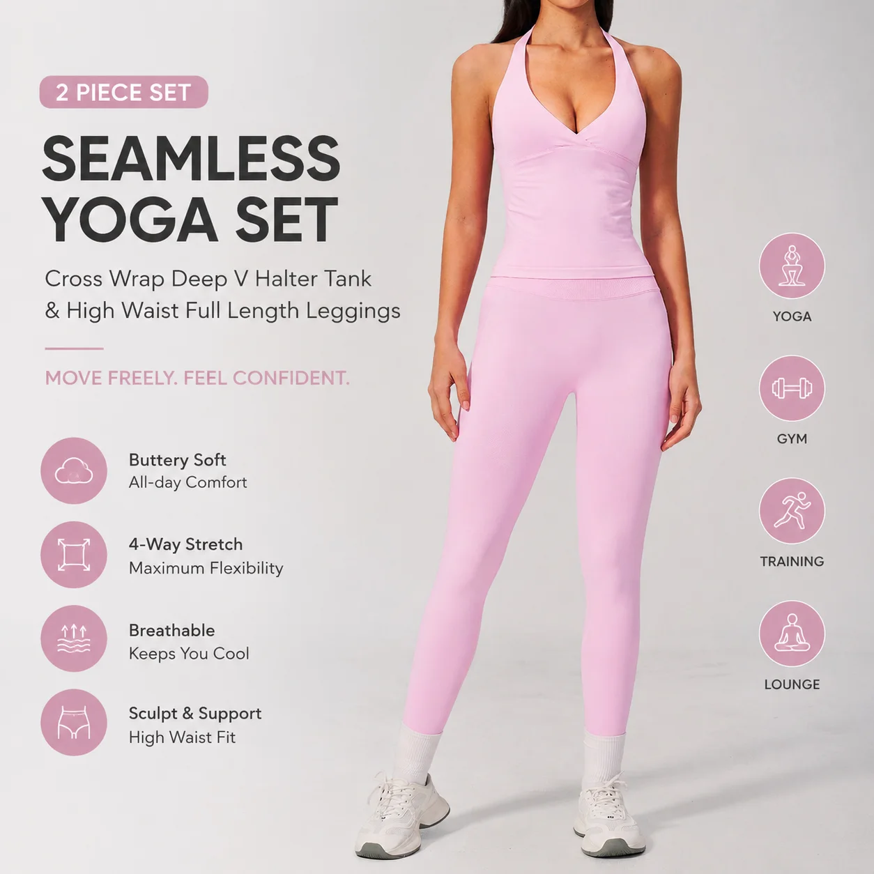 Women's Halter Deep V-Neck Twist-Front Longline Crop Top & High-Waist Seamless Leggings Set Matching Gym Activewear with Padded