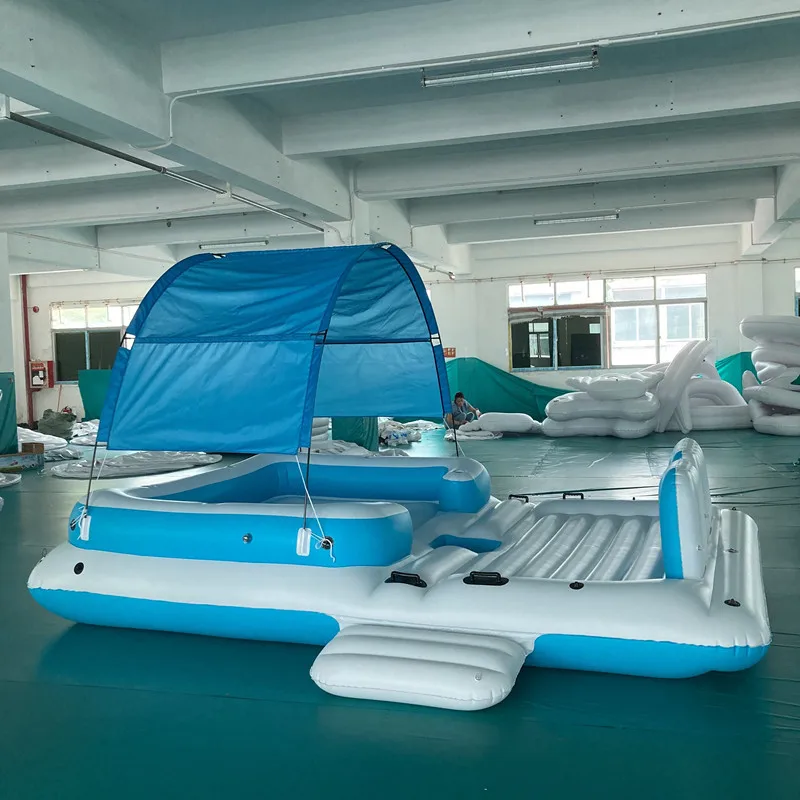 

Large Inflatable Water FloatingLounge Chairwith Awning for Multiple People Sea Leisure Floating Bed Row Platform for Outdoor Fun