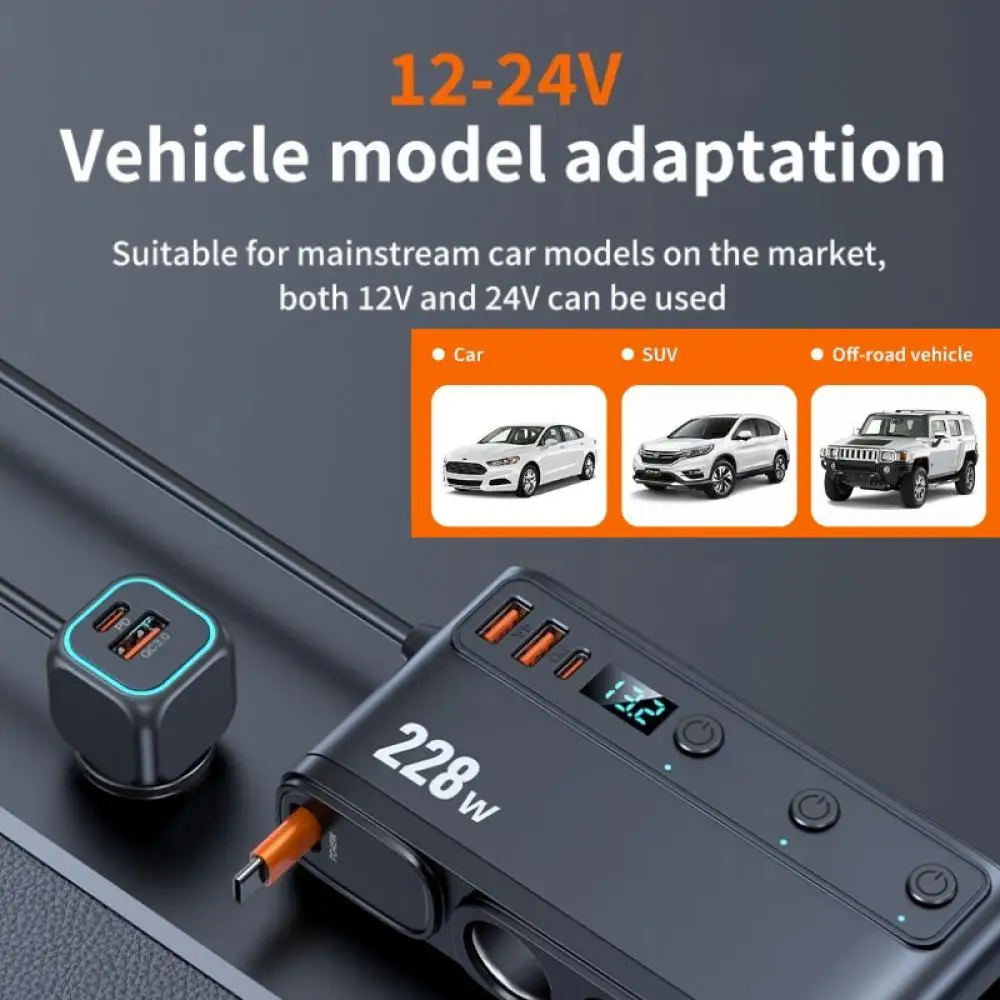 228W 9 in 1 Car Charger Adapter Charge Independent Switches PD36W/45W QC3.0 18W 3 Socket Cigarette Lighter Splitter with Voltage