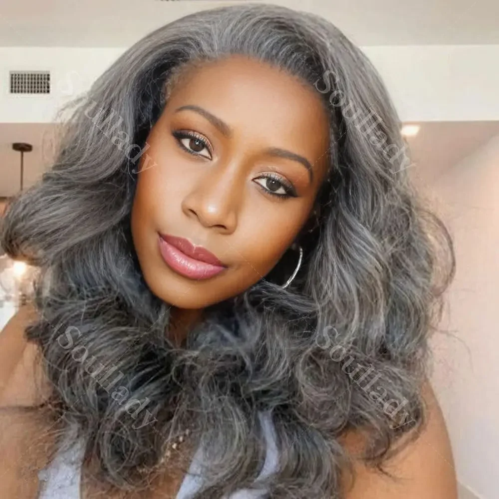 

LULUCHIC 200 Density Dark Gray Medium Salt And Pepper Body Wave Human Hair 3 in 1 Half Wig Ready To Go Grey Wigs Brazilian