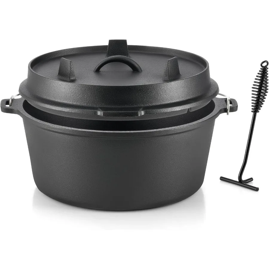 

9 Quart PreSeasoned Cast Iron Dutch Oven with Lid and Lid Lifter Tool Outdoor Deep Camp Pot for Camping Fireplace Cooking BBQ B