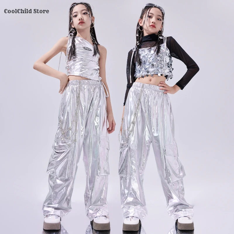 Girls K-pop Silver Sequin Crop Top Street Dance Cargo Pants Kids Hip Hop Shiny Streetwear Children Jazz Girl Group Clothes Sets