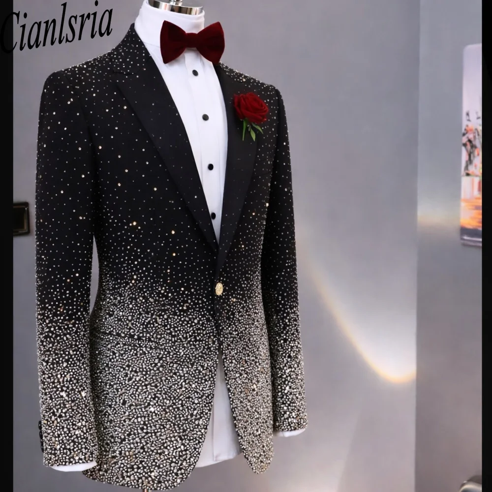 Customized Slim Fit Mens 2 Piece Double Breasted Suit Luxury High Quality Diamond Ornament Tuxedos For Business Wedding Groom
