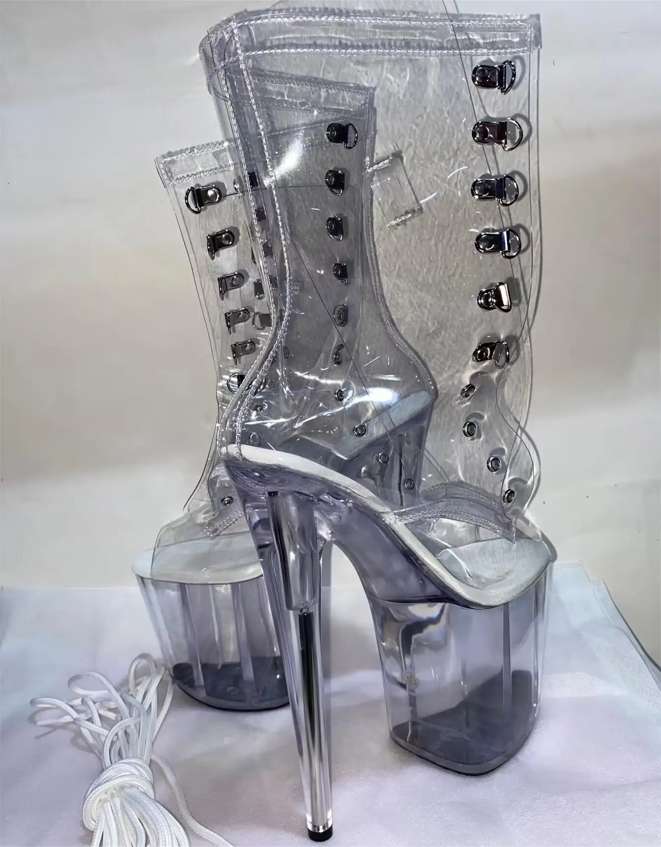 17-20cm sexy sky-hating high pole dancing heels with lace-up transparent waterproof platform runway low boots