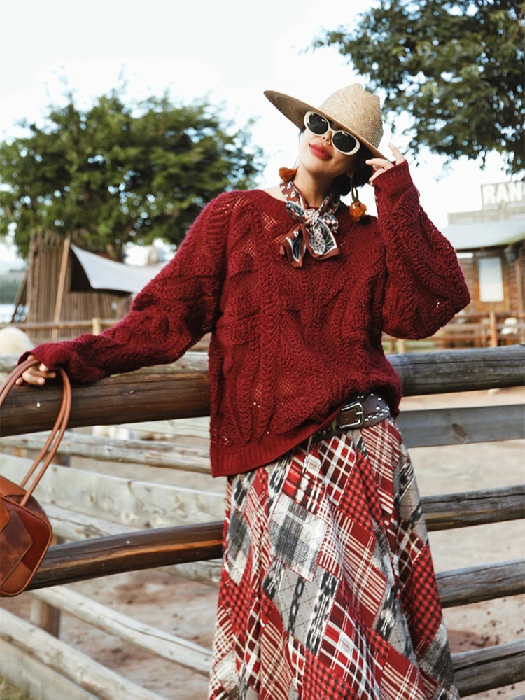 

120cm Bust Fall Winter Oversized Retro Red Pullovers Sweaters Women Vintage Elegant Loose 3D Crochet Wool Knitted Sweaters Tops