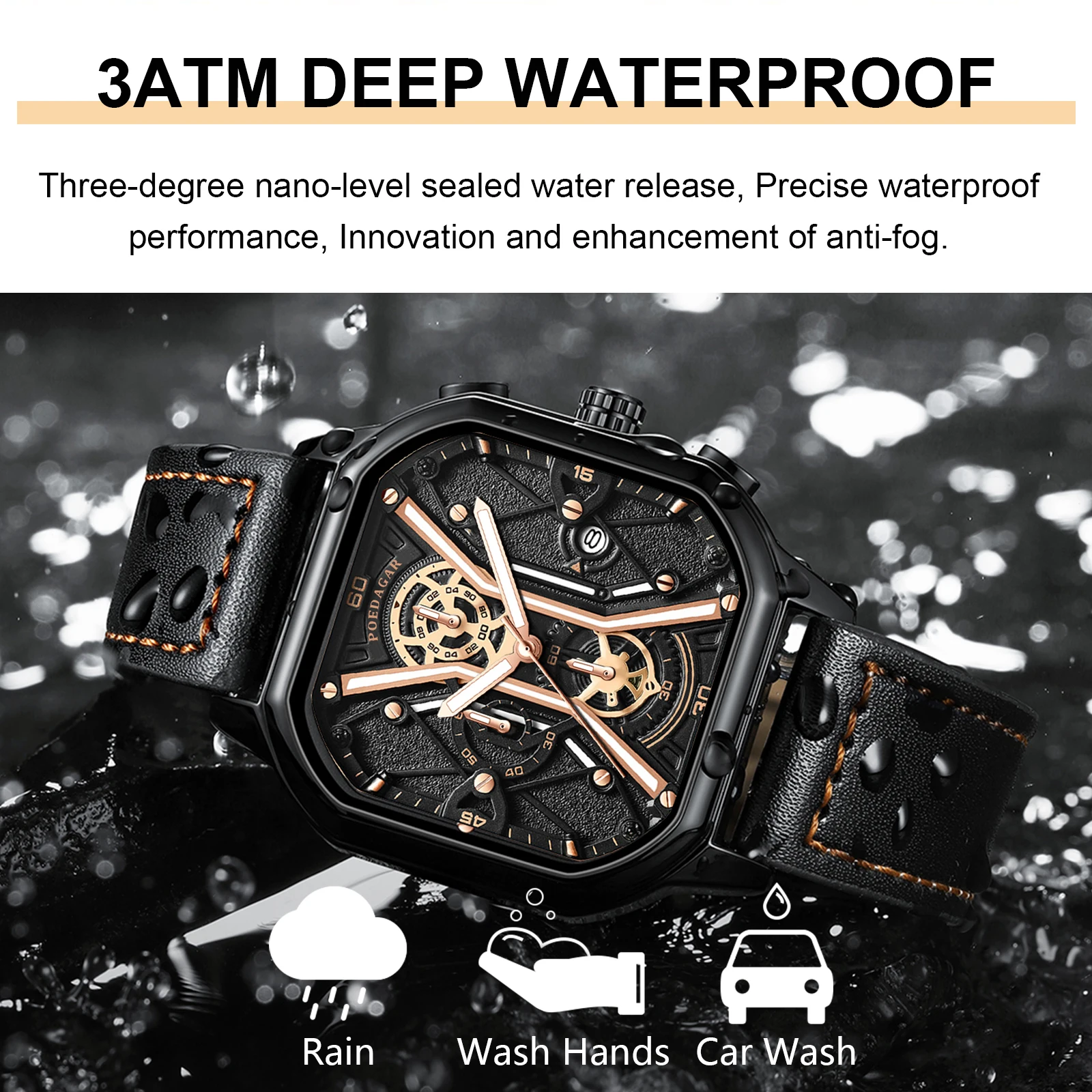 POEDAGAR Fashion Men Wristwatches Luxury Chronograph Luminous Waterproof Date Man Watch Square Dial Leather Quartz Men\'s Watches