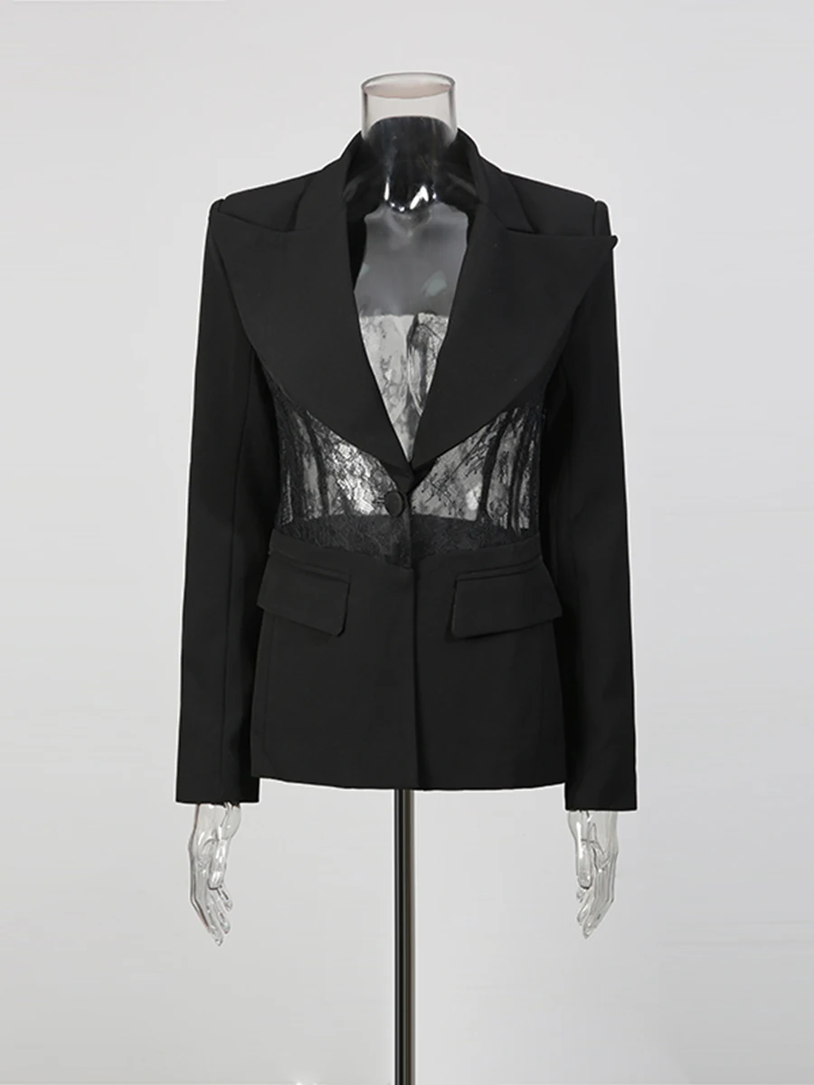 CHICEVER Black Spliced Lace Jacket Female Lapel Long Sleeve Loose Perspective Luxury Women's Jackets Autumn Fashion New Style