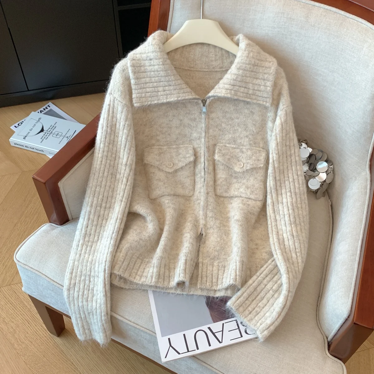 

Women's Cardigan Sweater Vintage Jumper Knit Turn-down Collar Long Sleeves Zippers Cashmere Sweater Autumn Winter 2000s Clothes