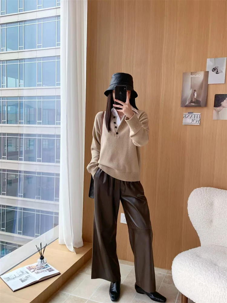 

Knitted Woolen irt Fake Two-Piece Casual Loose Fit Long Sve Collared Knitwear for Women Autumn Season Faion