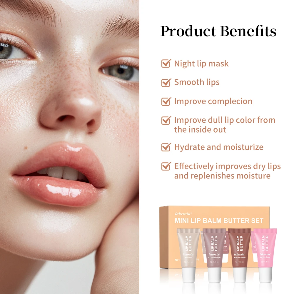 Mini Lip Balm Set 4Pcs Vanilla Beige Iced Coffee Pink Sugar Hydrating Nourishing Glossy Dry Lip Care Moisturizing Christmas Gift