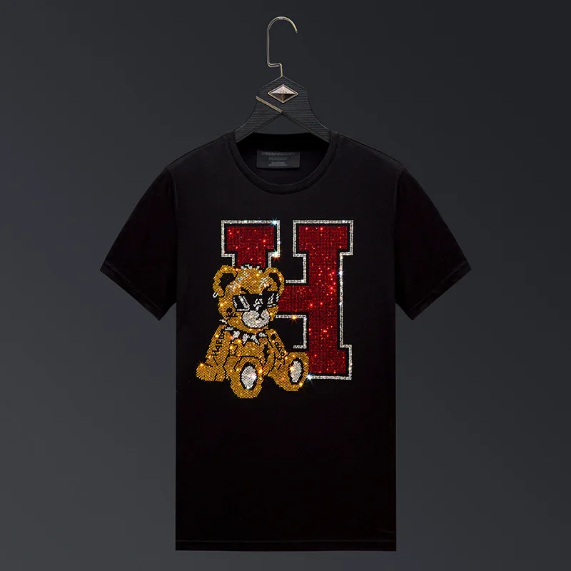 

Plus Size 2025 Fashion Bear Diamonds Letter T Shirts Men Tops Summer Clothes Mercerized Cotton O Neck Slim Short Sleeve Tshirts