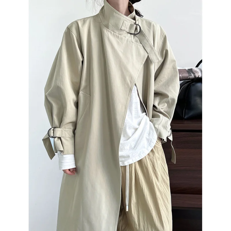 Autumn Stand Collar Long Trench Coat Women Loose Long Sleeve Oversized Over Knee Coat with belt Minimalist