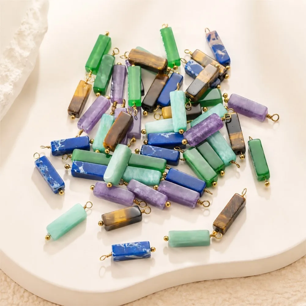 5Pcs Stainless Steel Color Natural Stone Charm Cylinder Pendant For DIY Necklace Bracelets Earrings Jewelry Making Material Bulk