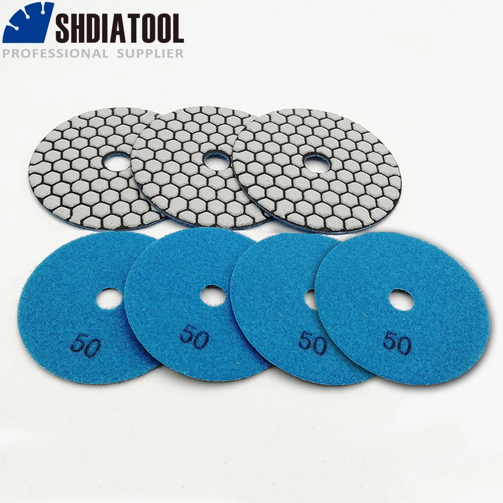 SHDIATOOL 7pcs 4inches #50 Dry Diamond Polishing Pads Diameter 100MM Resin Bond Diamond Flexible Polishing Pads