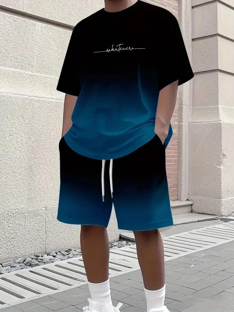 Conjuntos de verão masculino harajuku carta gradiente impresso 2 pçs agasalho 2025 boêmio manga curta camiseta e shorts combinando roupa Conjuntos de verão masculino harajuku carta gradiente impresso 2 pçs agasalho 2025 boêmio manga curta camiseta e shorts combinando roupa