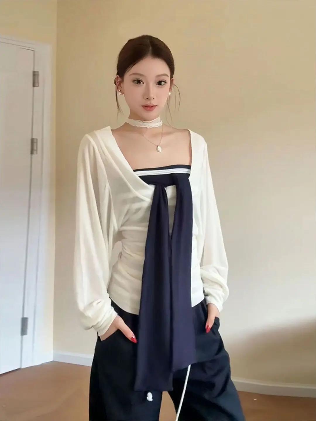 

Korean Style Striped Tube Top Vest Women's Early Autumn New Long Sleeve Sun Protection Cover up Slimming Top Two Piece Set