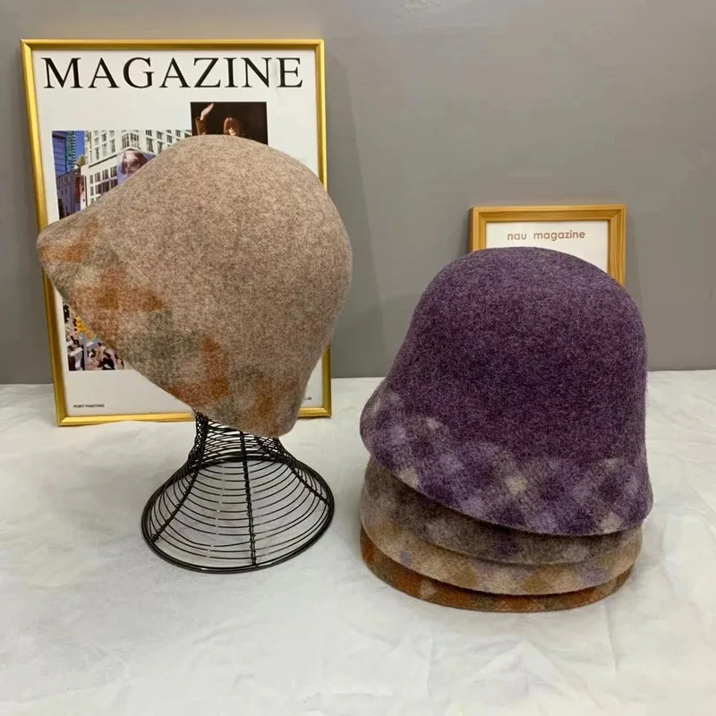 

New 5 Colorway Top Quality Wool Winter Warm Bucket Cap For Women Autumn Fisherman Hat Outdoor Thick Plaid Edge Hat Gift