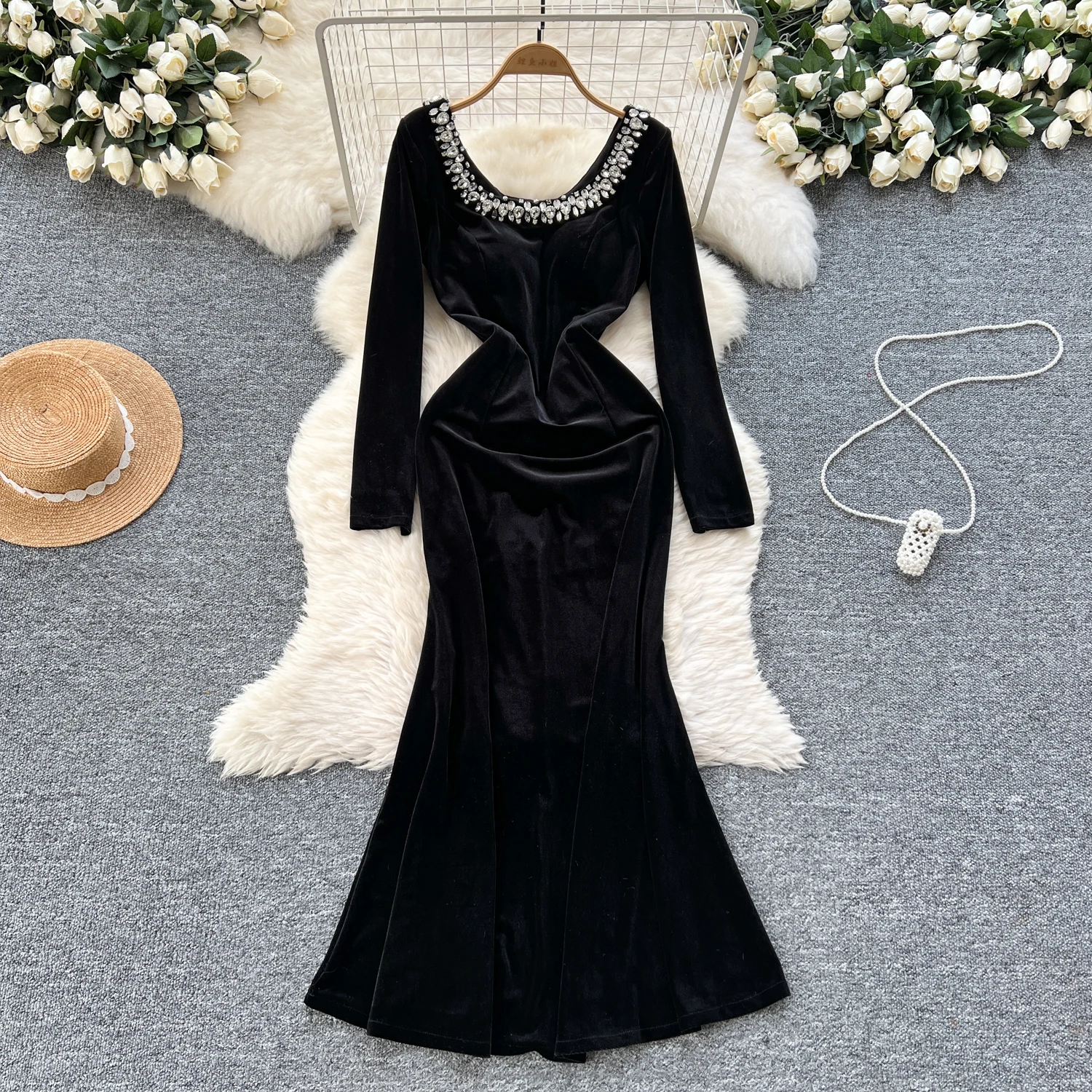 

Элегантная шикарная велюровая тонкая французская вечерняя женская одежда со стразами, длинное платье