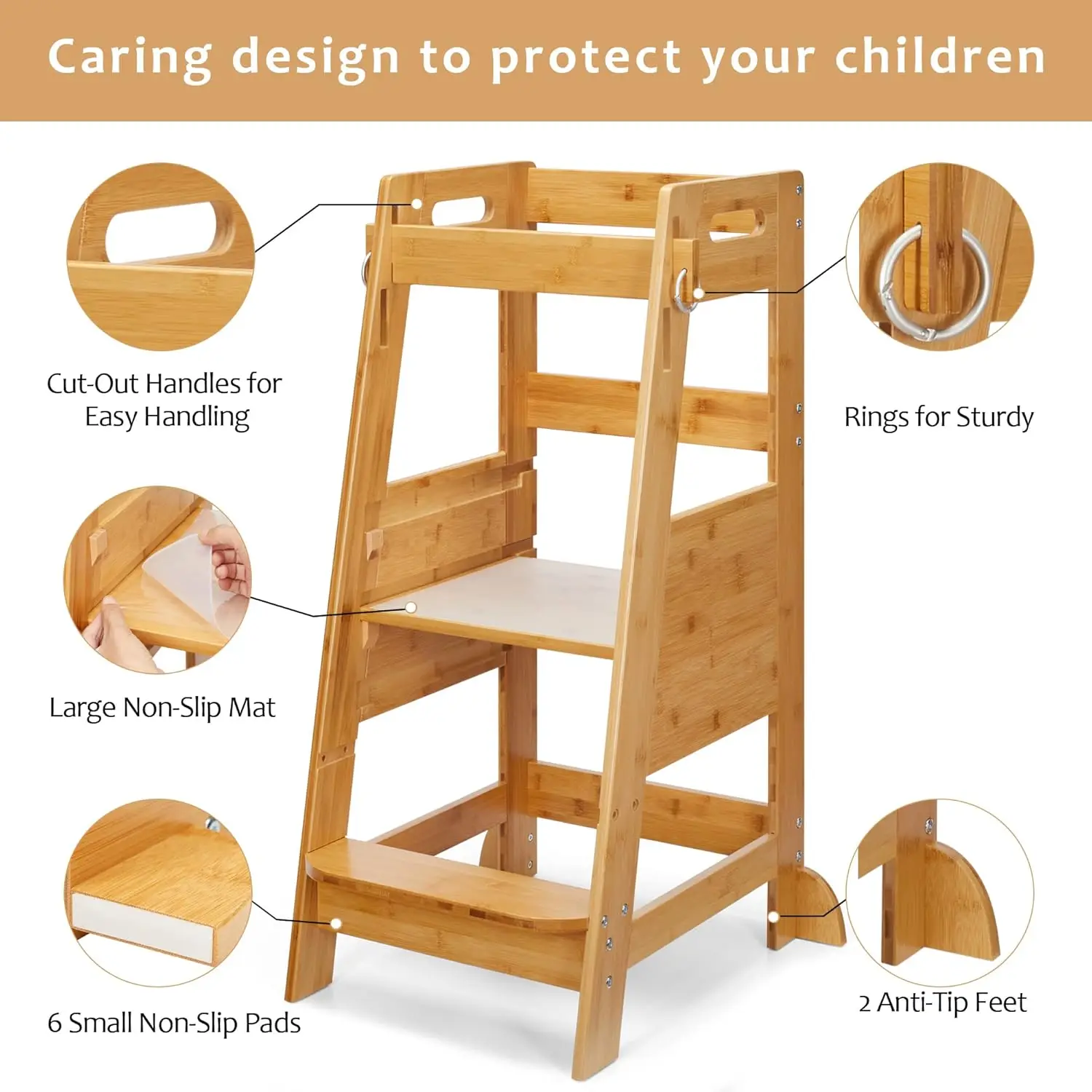 Bamboo Toddler Step Stool Kids Kitchen Counter Learning Stool Standing Helper Tower 3 Height Adjustable Bathroom Sink with Safet